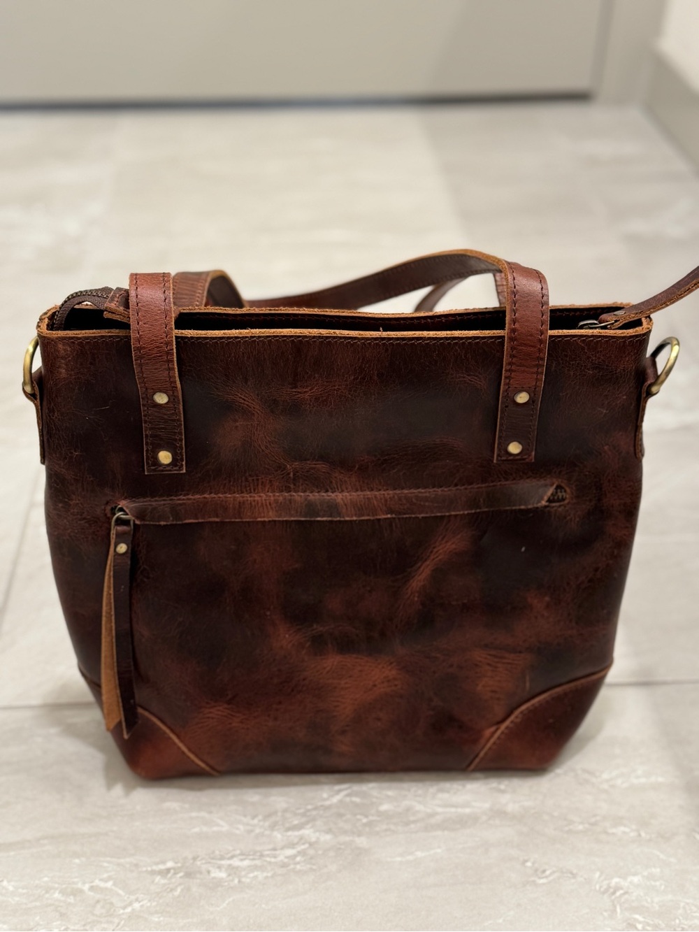 Artisan Full Grain Brown Leather Tote Bag Crossbody Strap Everyday Carry